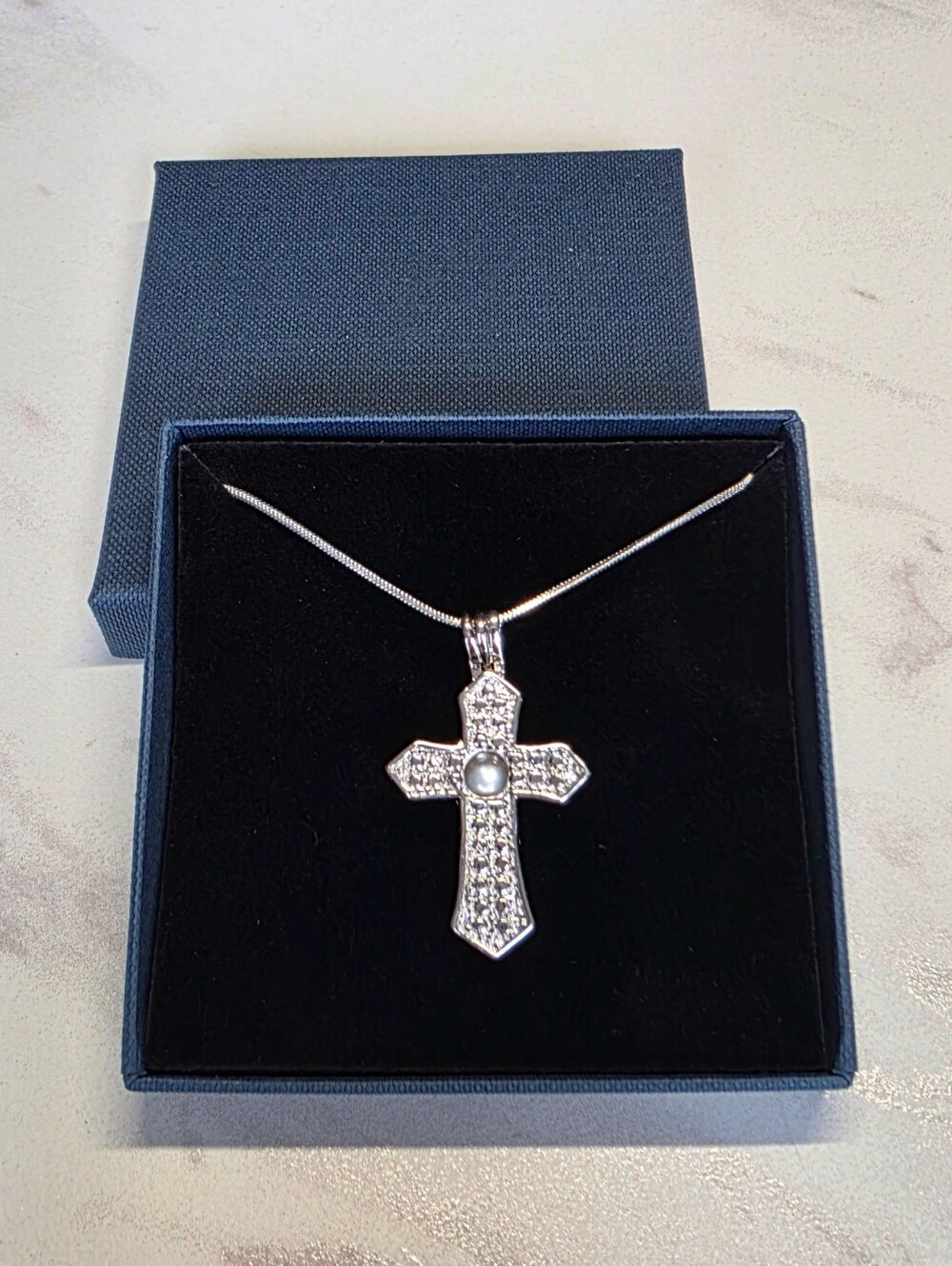 Silver Cross Pendant Necklace (18") with Hidden Pearl at Center